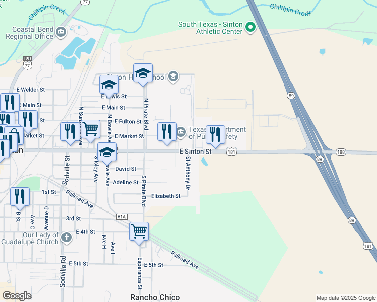 map of restaurants, bars, coffee shops, grocery stores, and more near 102 Saint Anthony Drive in Sinton
