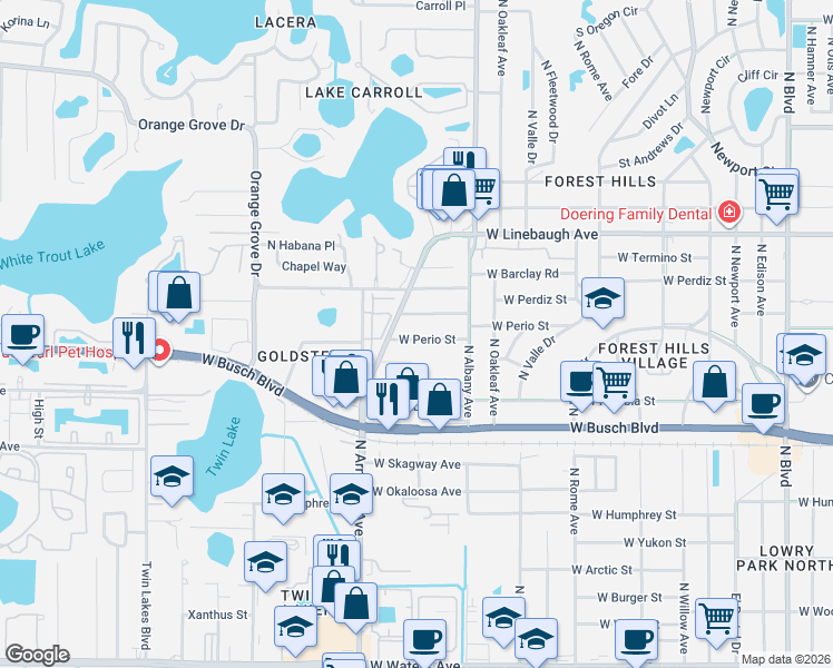 map of restaurants, bars, coffee shops, grocery stores, and more near 2125 West Perio Street in Tampa
