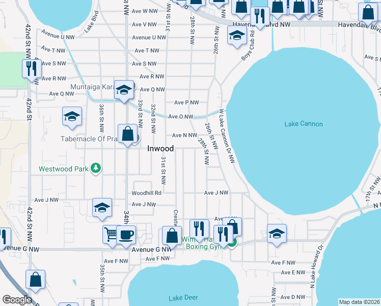 map of restaurants, bars, coffee shops, grocery stores, and more near 1215 29th Street Northwest in Winter Haven