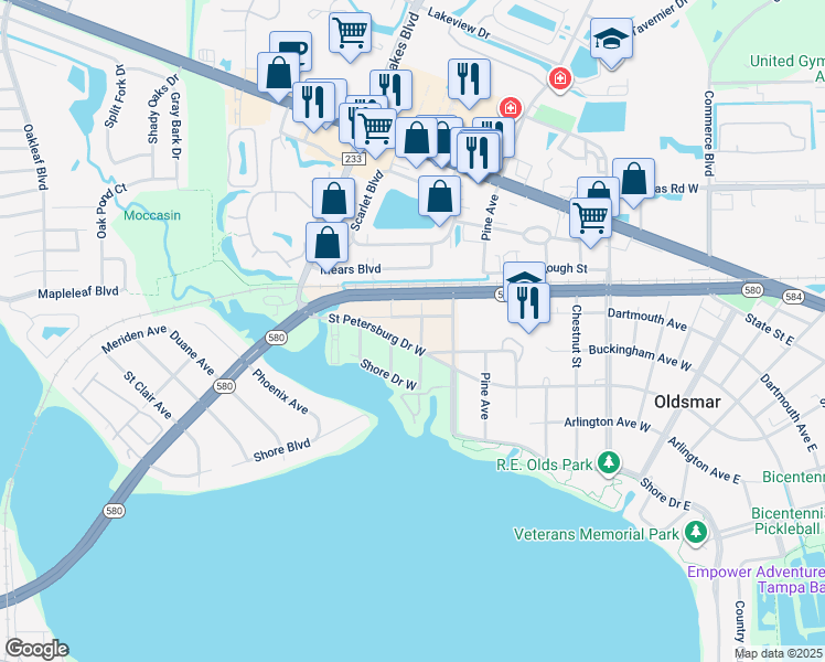 map of restaurants, bars, coffee shops, grocery stores, and more near 304 Woodward Avenue in Oldsmar