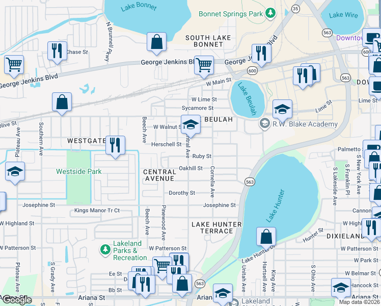 map of restaurants, bars, coffee shops, grocery stores, and more near 1149 Ruby Street in Lakeland