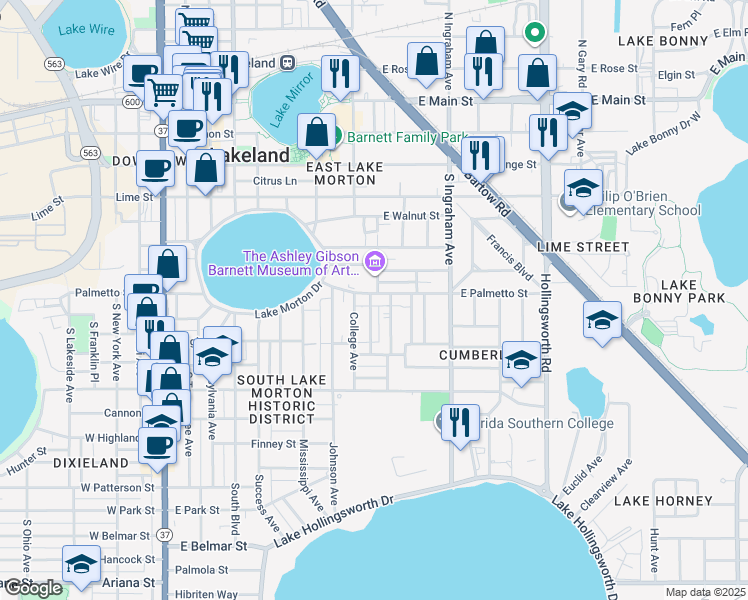 map of restaurants, bars, coffee shops, grocery stores, and more near 819 East Palmetto Street in Lakeland