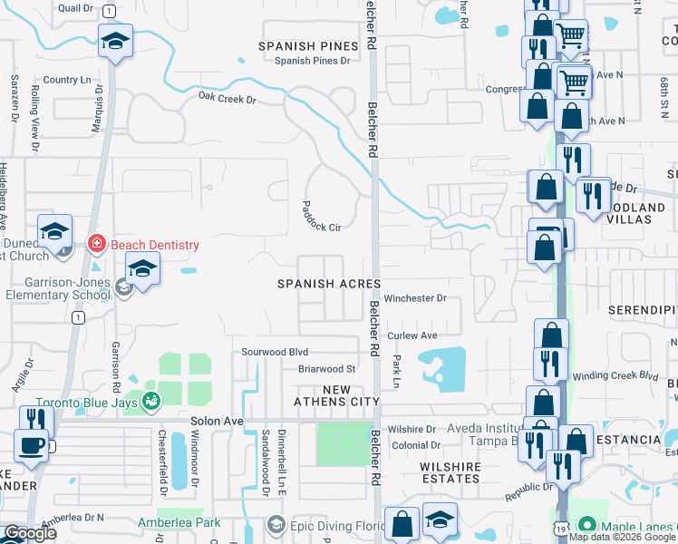 map of restaurants, bars, coffee shops, grocery stores, and more near 3150 Fiesta Drive in Dunedin