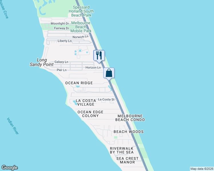 map of restaurants, bars, coffee shops, grocery stores, and more near 127 Ocean Ridge Drive in Melbourne Beach