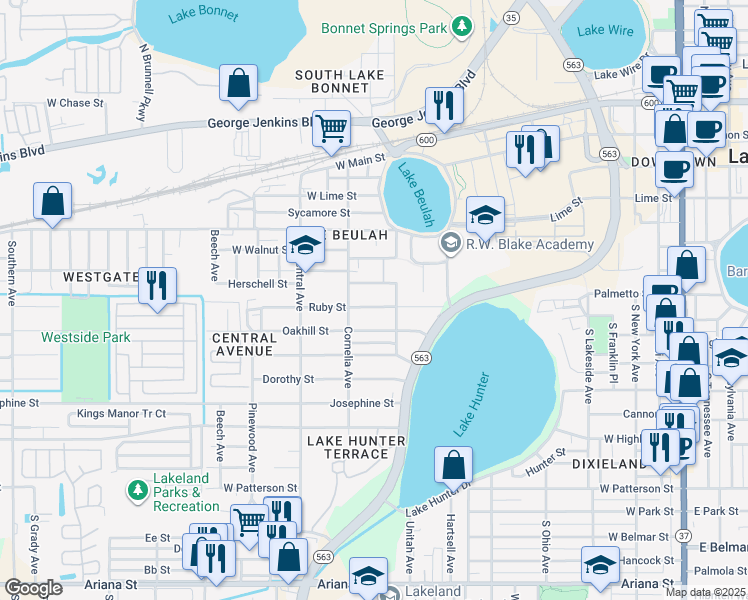 map of restaurants, bars, coffee shops, grocery stores, and more near 1025 Ruby St in Lakeland