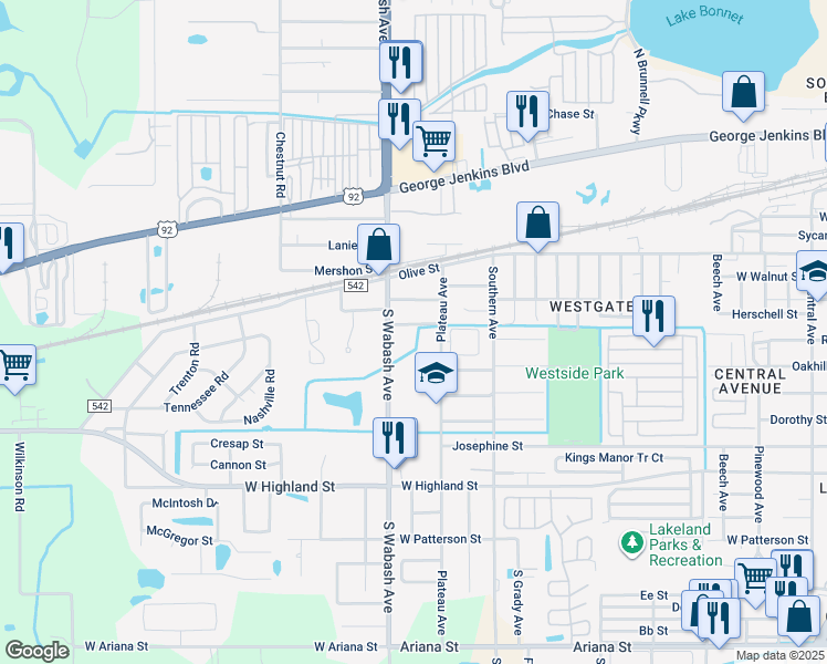 map of restaurants, bars, coffee shops, grocery stores, and more near 2026 Wayman Street in Lakeland