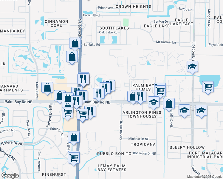 map of restaurants, bars, coffee shops, grocery stores, and more near 1540 Skippers Way Northeast in Palm Bay