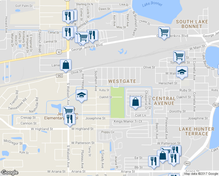 map of restaurants, bars, coffee shops, grocery stores, and more near 1801 Ruby Street in Lakeland