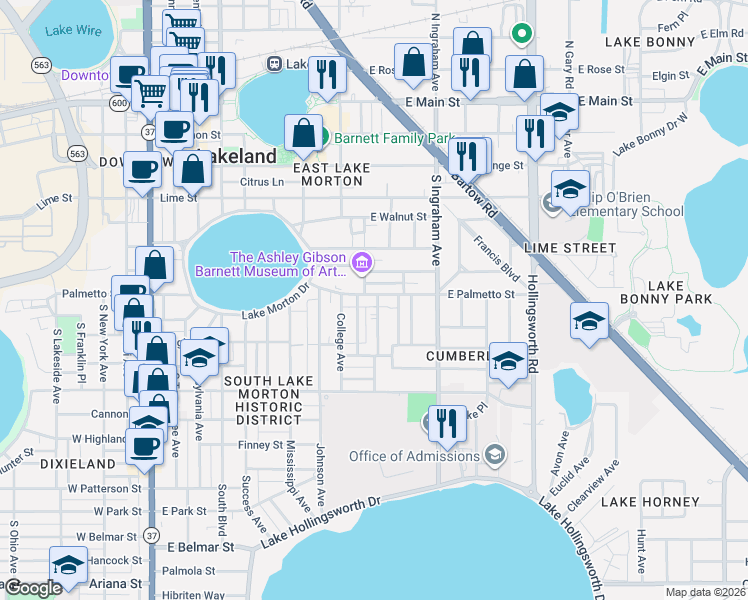 map of restaurants, bars, coffee shops, grocery stores, and more near 712 South Rushing Avenue in Lakeland