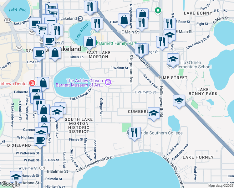 map of restaurants, bars, coffee shops, grocery stores, and more near 915 East Palmetto Street in Lakeland