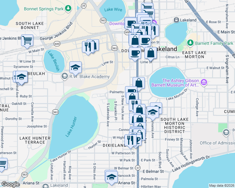 map of restaurants, bars, coffee shops, grocery stores, and more near 330 West Palmetto Street in Lakeland