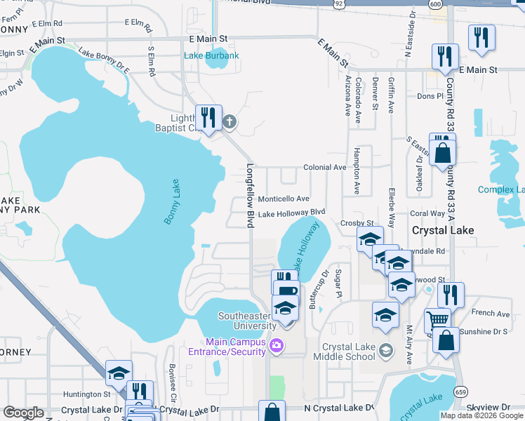 map of restaurants, bars, coffee shops, grocery stores, and more near 2116 Lake Holloway Boulevard in Lakeland