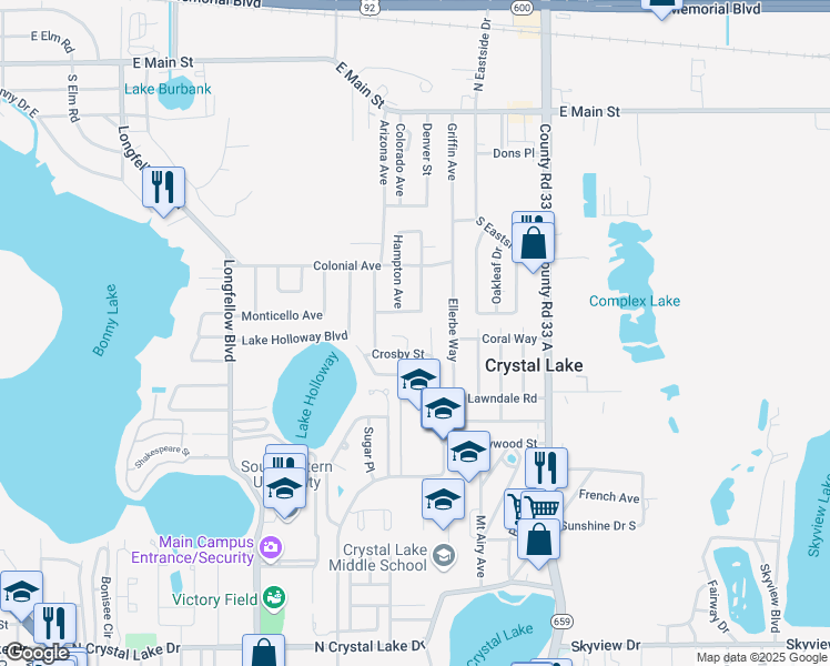 map of restaurants, bars, coffee shops, grocery stores, and more near 608 Hickory Lane in Lakeland