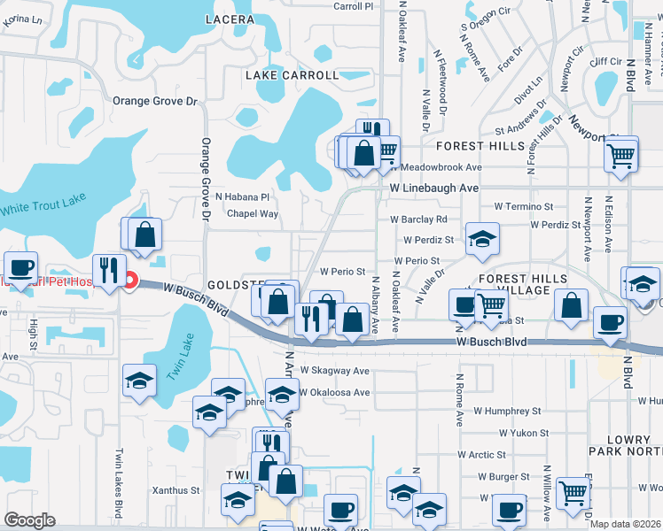 map of restaurants, bars, coffee shops, grocery stores, and more near 2125 West Perio Street in Tampa
