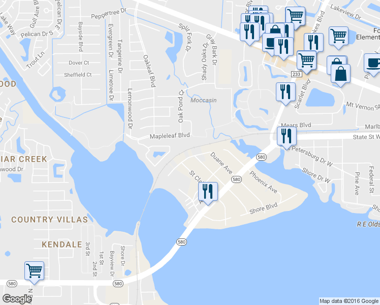 map of restaurants, bars, coffee shops, grocery stores, and more near 3632 Meriden Avenue in Oldsmar