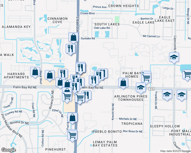 map of restaurants, bars, coffee shops, grocery stores, and more near 1650 Monterey Drive Northeast in Palm Bay