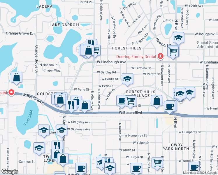 map of restaurants, bars, coffee shops, grocery stores, and more near 9417 West Perio Street in Tampa