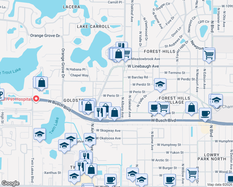 map of restaurants, bars, coffee shops, grocery stores, and more near 2105 West Perio Street in Tampa