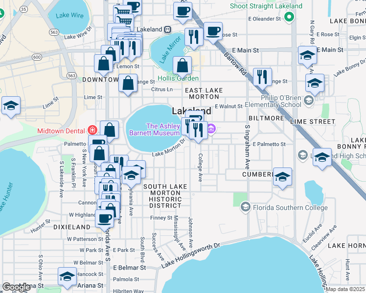 map of restaurants, bars, coffee shops, grocery stores, and more near 107 Lake Morton Drive in Lakeland