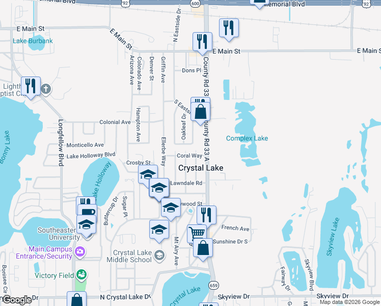map of restaurants, bars, coffee shops, grocery stores, and more near 2508 Coral Way in Lakeland