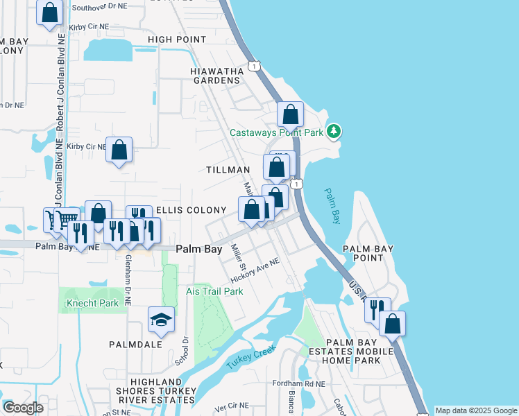 map of restaurants, bars, coffee shops, grocery stores, and more near 1575 Main Street Northeast in Palm Bay