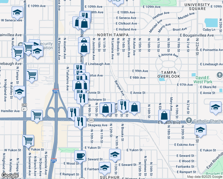 map of restaurants, bars, coffee shops, grocery stores, and more near 1106 East Annie Street in Tampa