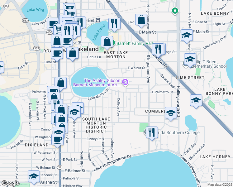 map of restaurants, bars, coffee shops, grocery stores, and more near in Lakeland