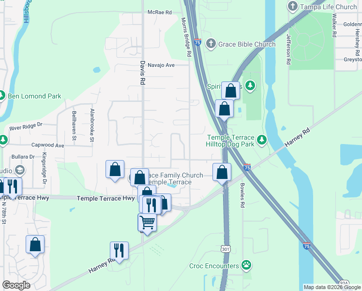 map of restaurants, bars, coffee shops, grocery stores, and more near 9814 Morris Glen Way in Tampa