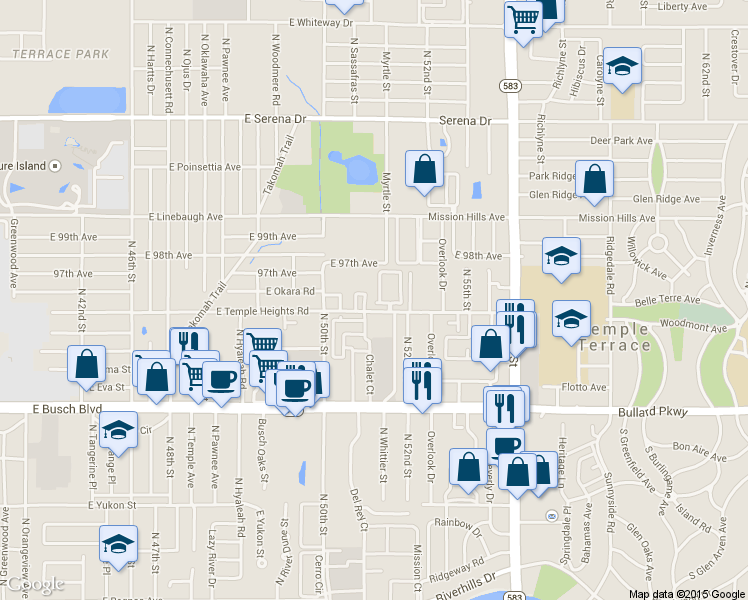 map of restaurants, bars, coffee shops, grocery stores, and more near 5116 Tennis Court Circle in Tampa