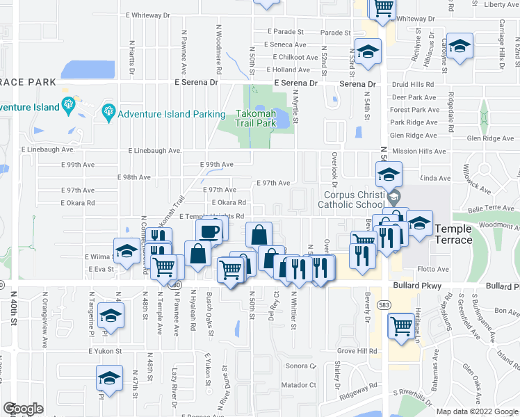map of restaurants, bars, coffee shops, grocery stores, and more near 5013 Terrace Village Lane in Tampa