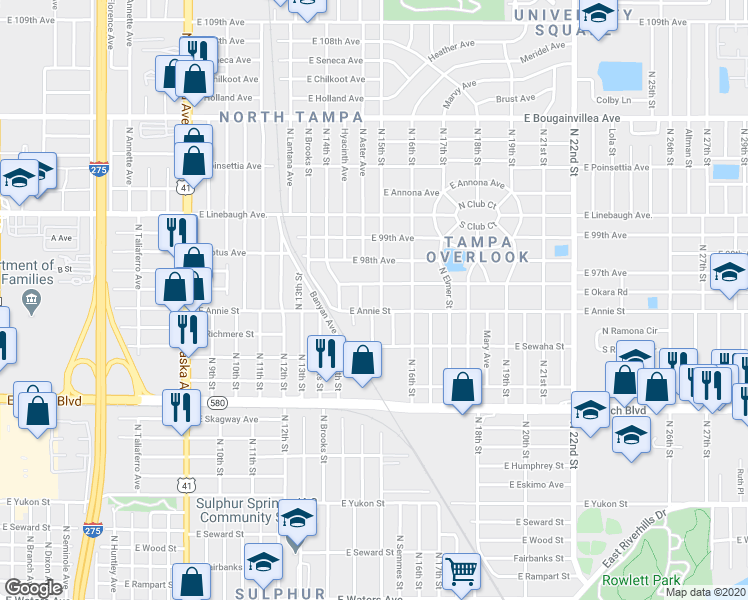 map of restaurants, bars, coffee shops, grocery stores, and more near 1414 East Annie Street in Tampa