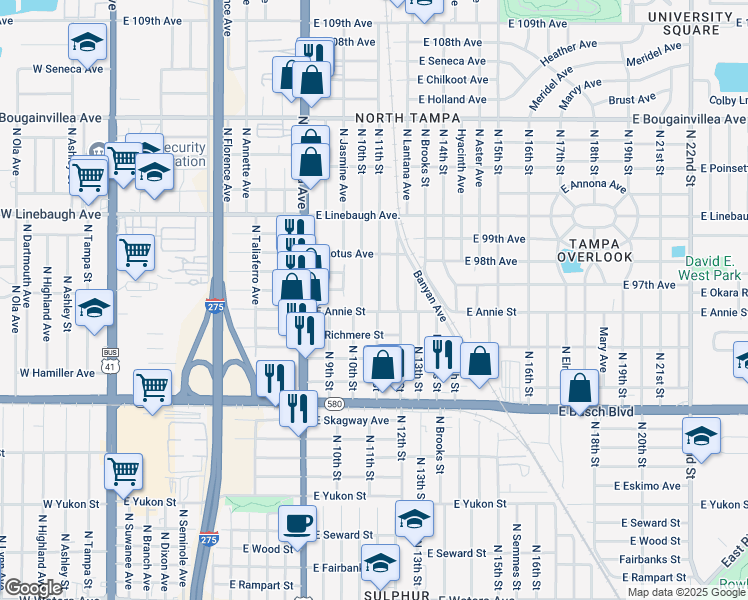 map of restaurants, bars, coffee shops, grocery stores, and more near 9606 North 11th Street in Tampa