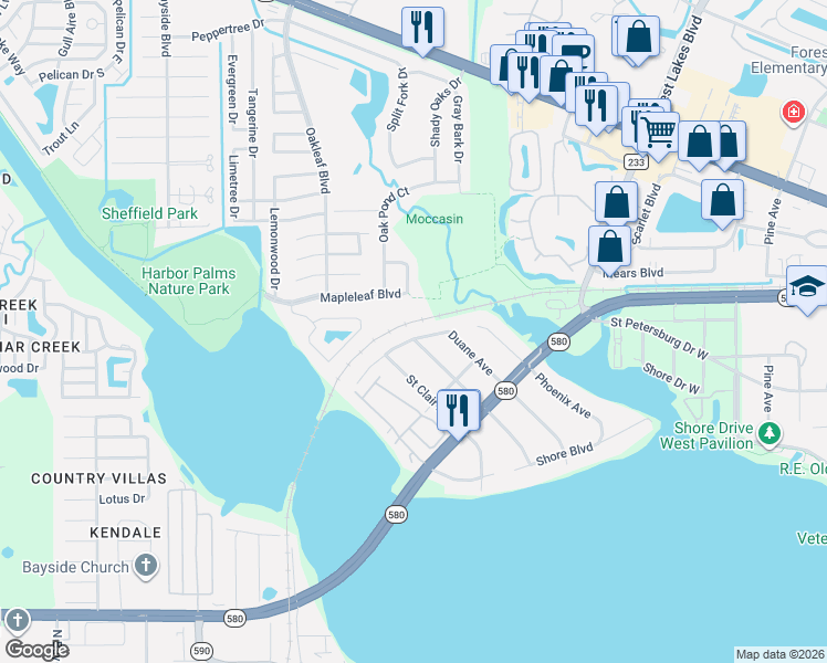 map of restaurants, bars, coffee shops, grocery stores, and more near 3624 Meriden Avenue in Oldsmar
