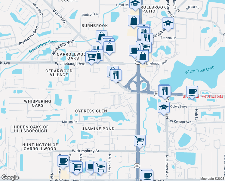 map of restaurants, bars, coffee shops, grocery stores, and more near 4106 Gauge Line Loop in Tampa