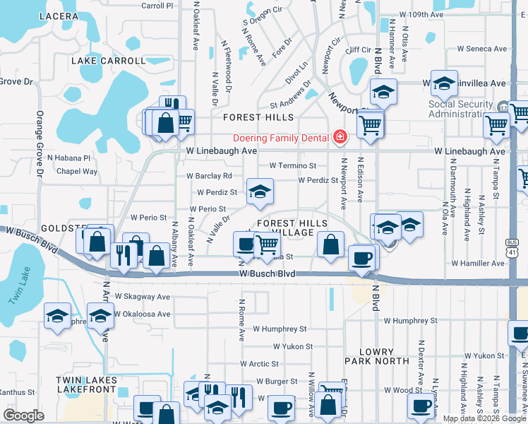 map of restaurants, bars, coffee shops, grocery stores, and more near 9422 North Rome Circle in Tampa