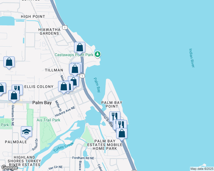 map of restaurants, bars, coffee shops, grocery stores, and more near 1578 Anglers Drive Northeast in Palm Bay