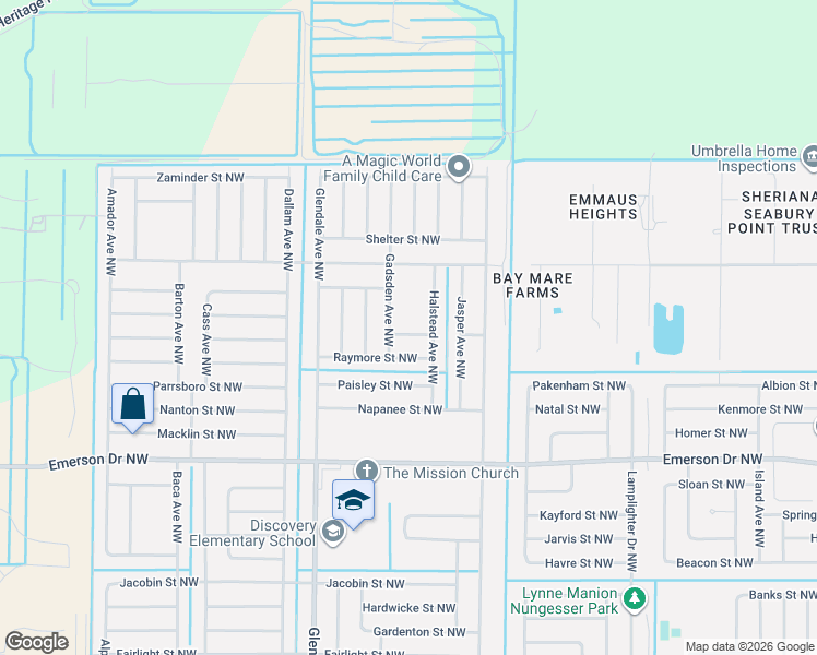 map of restaurants, bars, coffee shops, grocery stores, and more near 1560 Sarnia Street Northwest in Palm Bay