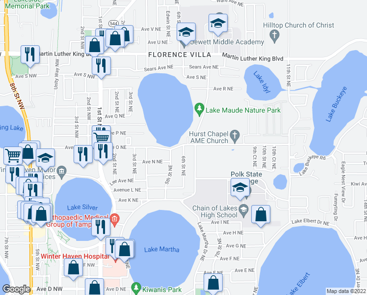 map of restaurants, bars, coffee shops, grocery stores, and more near 1455 6th Street Northeast in Winter Haven