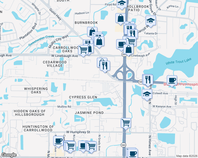 map of restaurants, bars, coffee shops, grocery stores, and more near 4106 Gauge Line Loop in Tampa