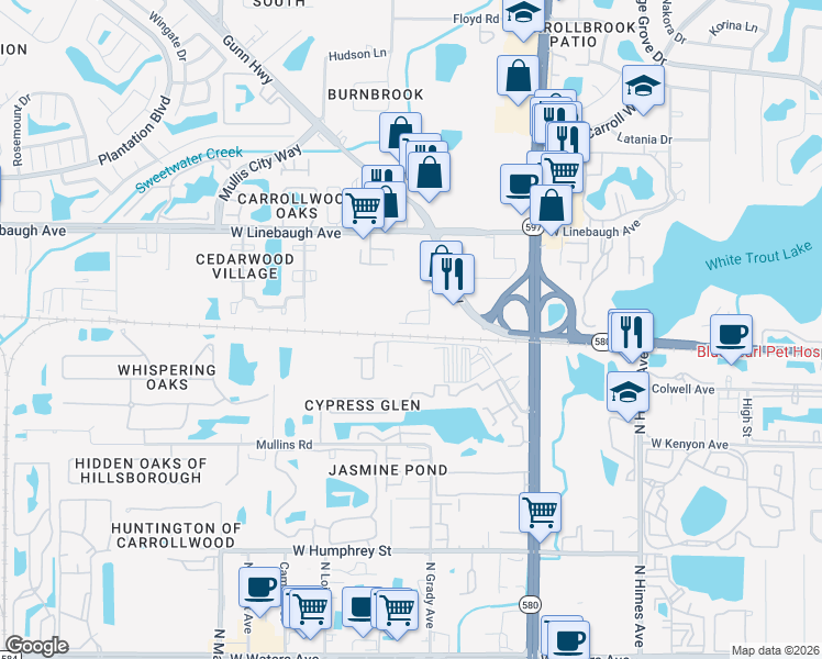 map of restaurants, bars, coffee shops, grocery stores, and more near 4106 Gauge Line Loop in Tampa