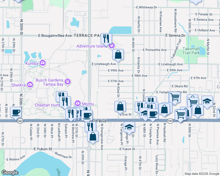 map of restaurants, bars, coffee shops, grocery stores, and more near 4122 East Temple Heights Road in Tampa