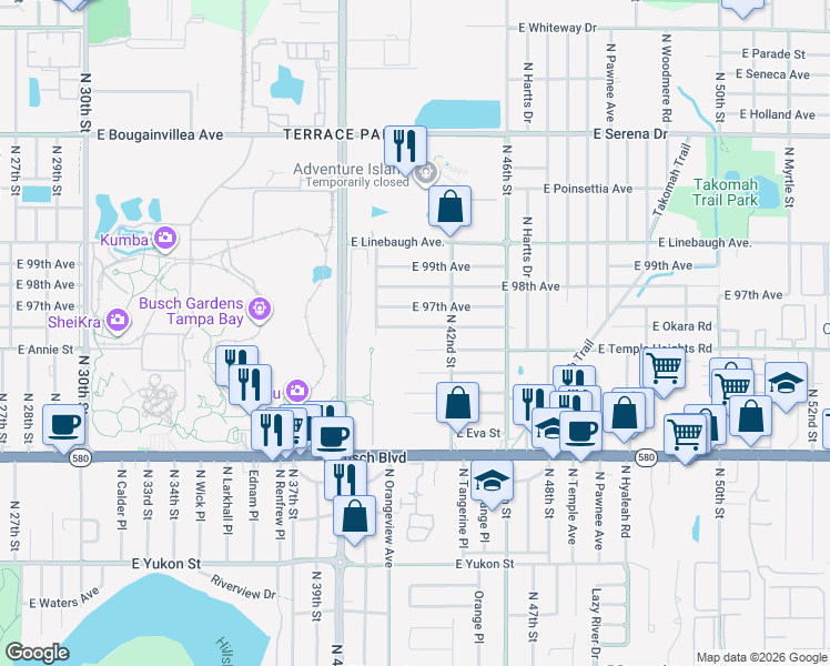 map of restaurants, bars, coffee shops, grocery stores, and more near 4122 East Temple Heights Road in Tampa