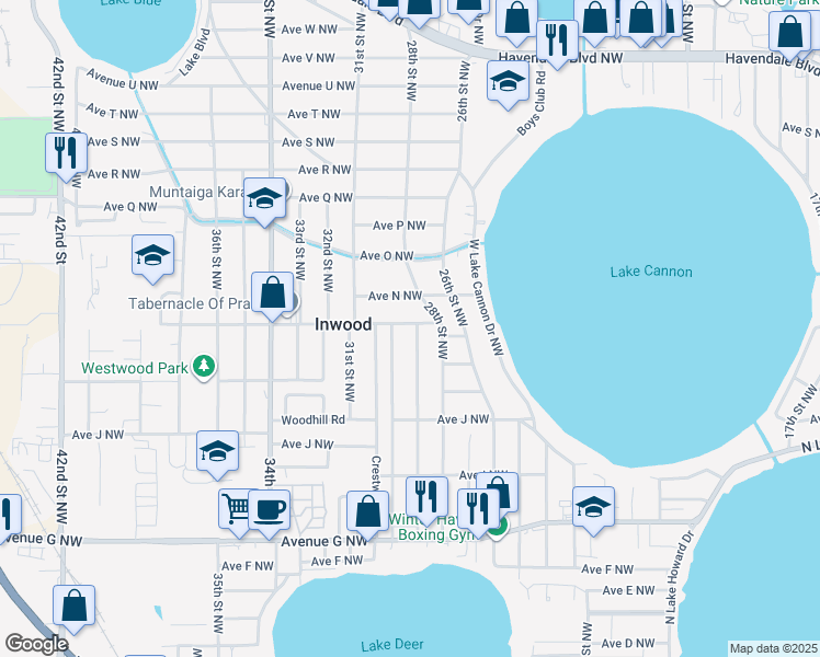 map of restaurants, bars, coffee shops, grocery stores, and more near 2805 Avenue M Northwest in Winter Haven