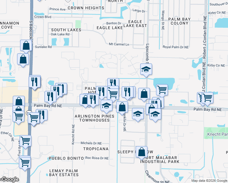 map of restaurants, bars, coffee shops, grocery stores, and more near 1530 Bottlebrush Drive in Palm Bay