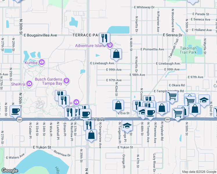 map of restaurants, bars, coffee shops, grocery stores, and more near 4117 East Okara Road in Tampa