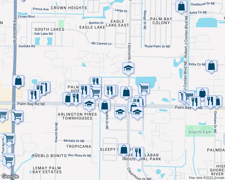 map of restaurants, bars, coffee shops, grocery stores, and more near 1300 Woodlake Drive Northeast in Palm Bay