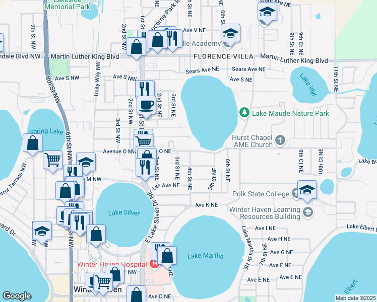 map of restaurants, bars, coffee shops, grocery stores, and more near 1435 Bishop James Cochran Way in Winter Haven