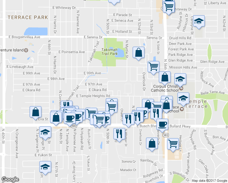 map of restaurants, bars, coffee shops, grocery stores, and more near 5030 Terrace Village Lane in Tampa