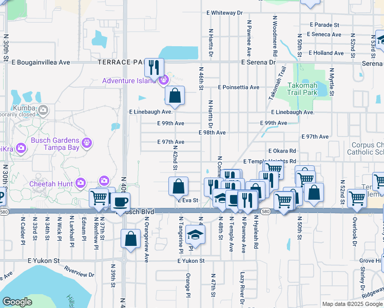map of restaurants, bars, coffee shops, grocery stores, and more near 9606 North 46th Street in Tampa