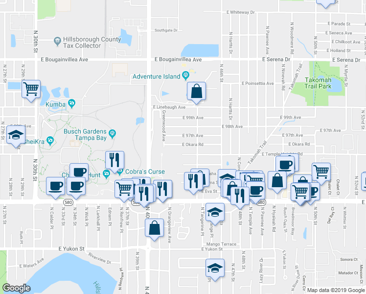map of restaurants, bars, coffee shops, grocery stores, and more near 4122 East Temple Heights Road in Tampa